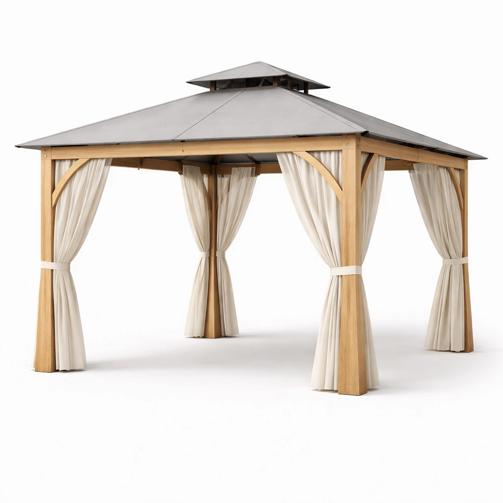 Gazebo patio bois naturel toit acier