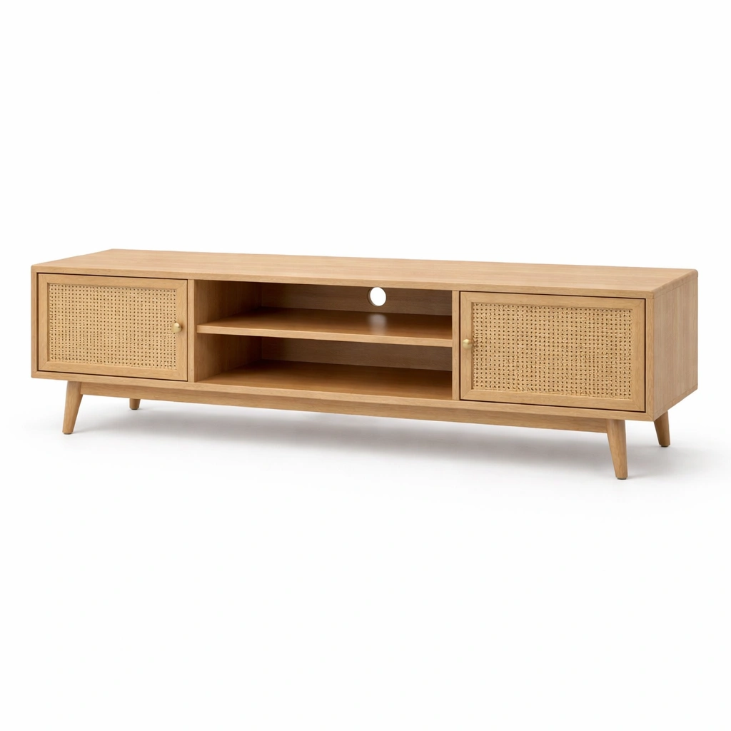 Banc TV bois naturel cannage minimaliste