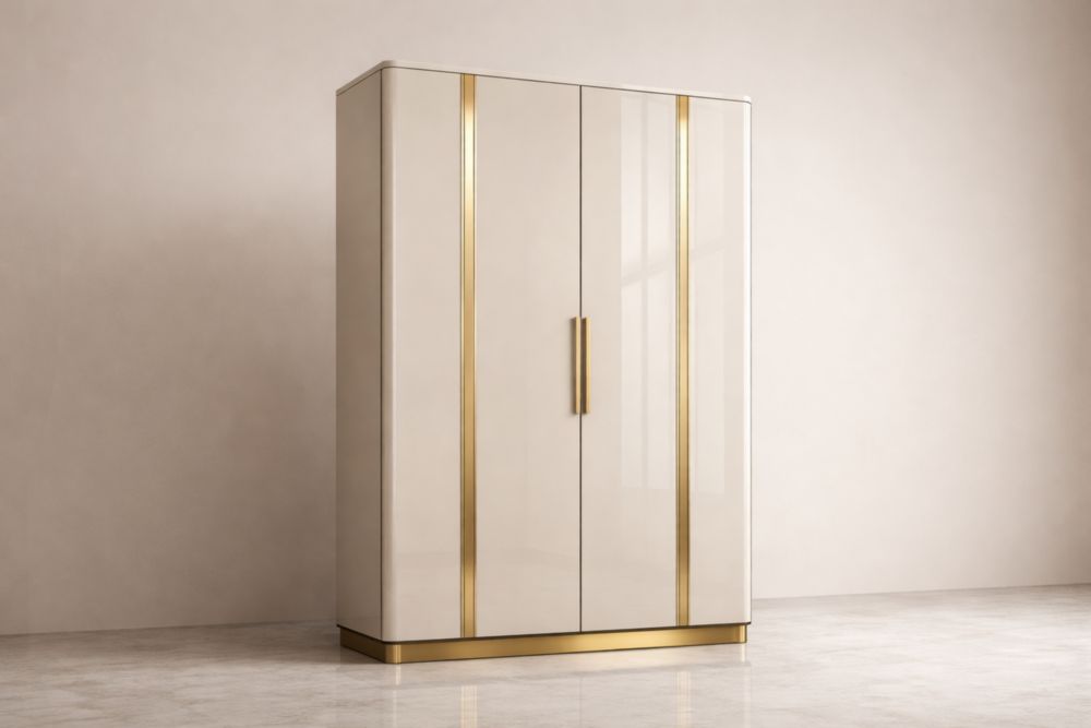 Zweiflügeliger Schrank aus MDF mit Messingakzenten, Beige/Gold 200x120x60 cm(L × B × H)