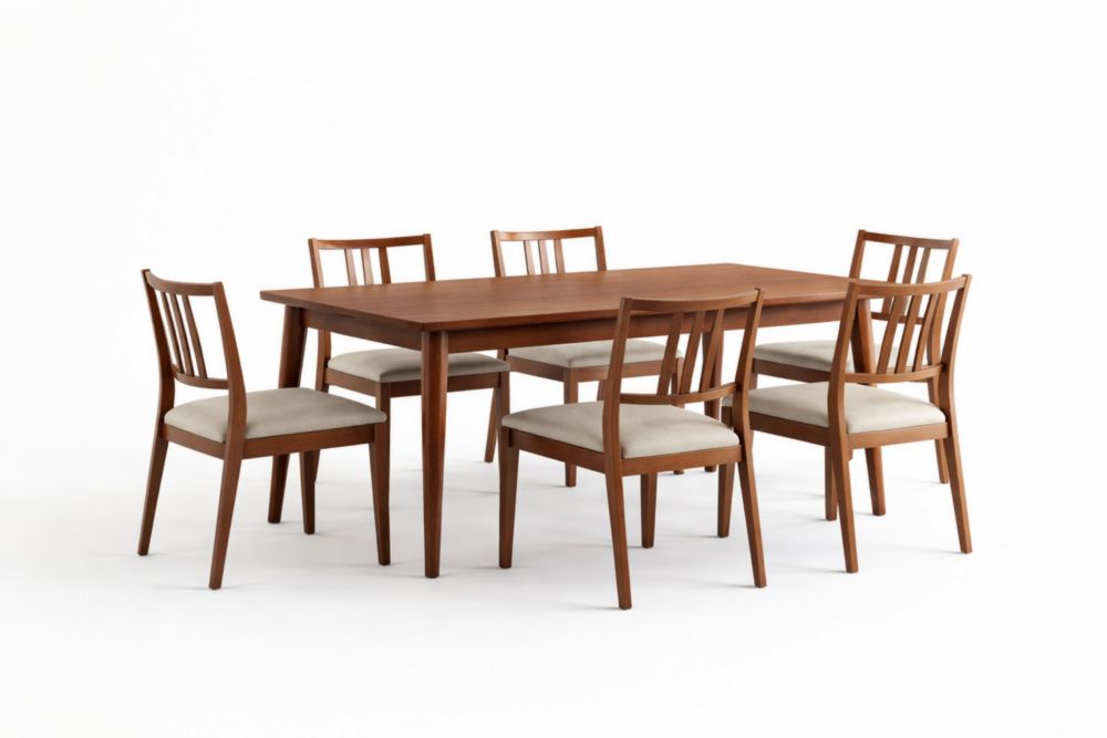 Esszimmergarnitur aus Massivholz mit Tisch und 6 Stühlen, Braun/Beige