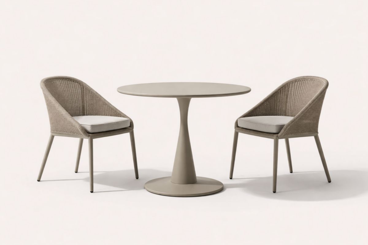 Rundes Gartenset aus Aluminium mit 2 Rattanstühlen und Polyesterkissen in Hellbraun