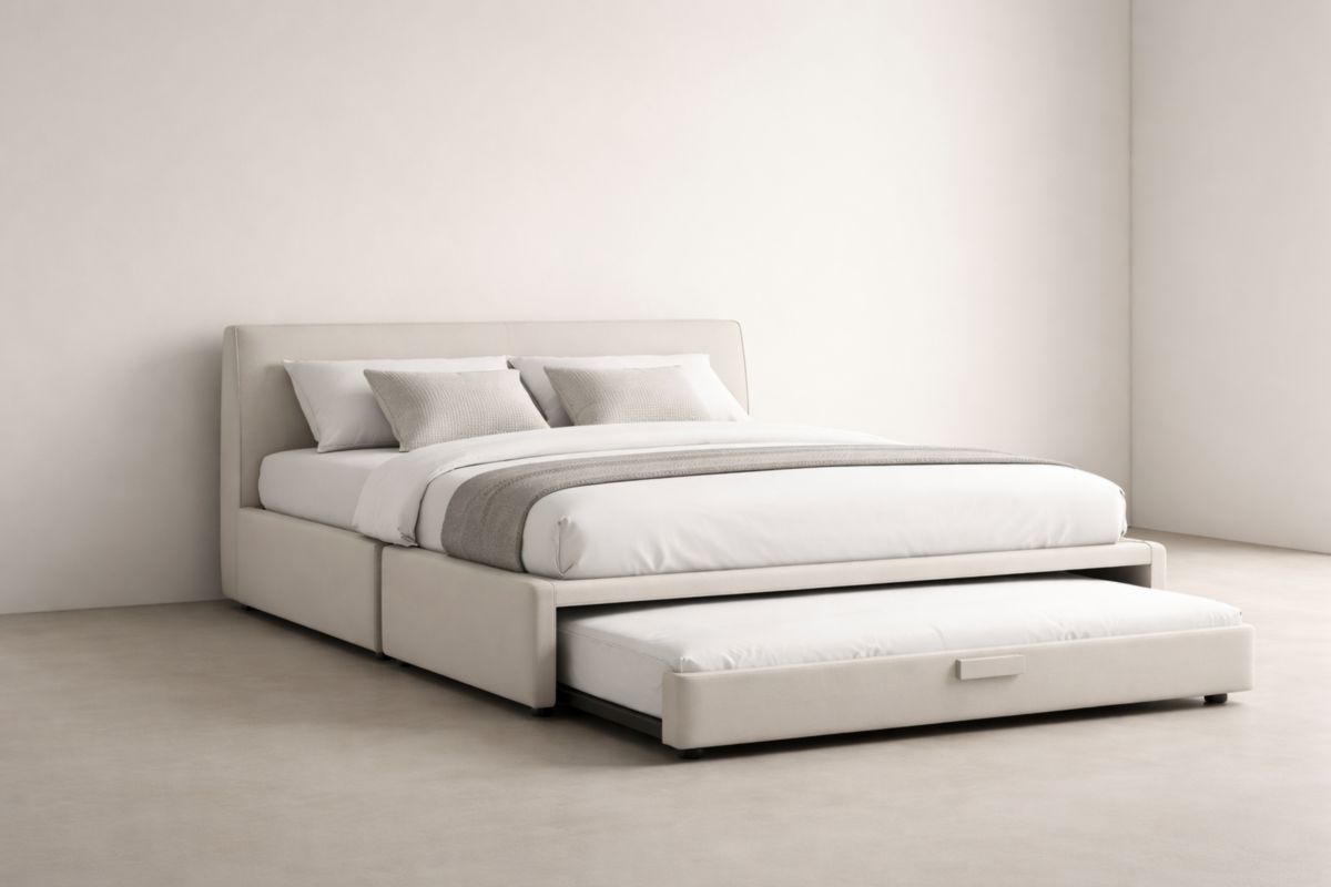 Polsterbett mit Ausziehbett aus Stoff Beige 200x180×110 cm