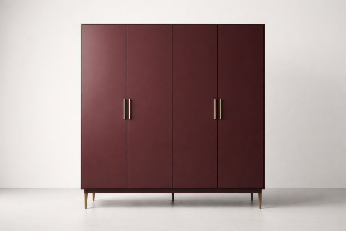 Garderobenschrank, 4 Türen, aus Holz und Metall, Bordeaux mit Messingakzenten