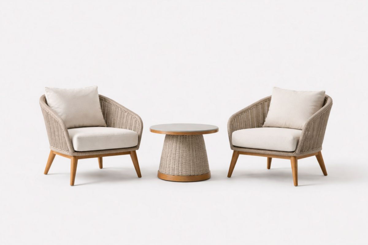 Gartenmöbel Set 2x Sessel und Tisch Holzgeflecht Beige