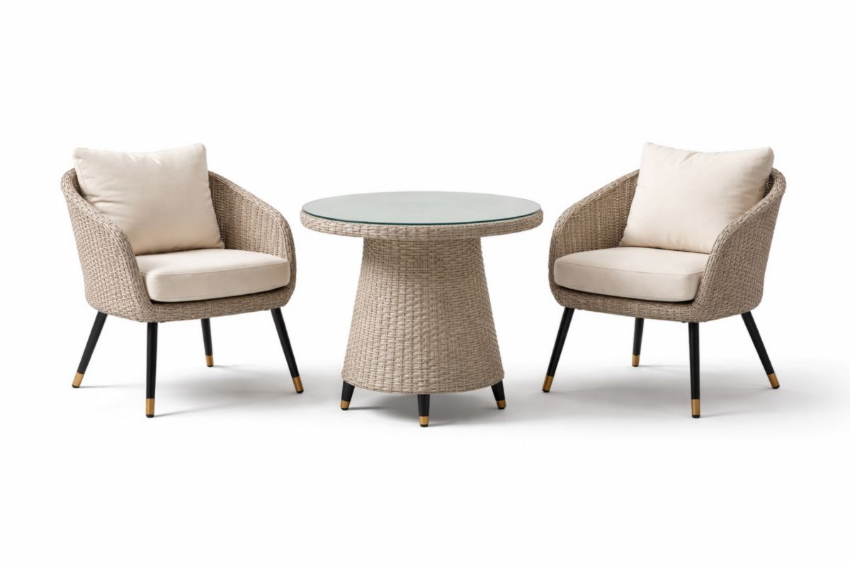 3-teiliges Gartenmöbel-Set aus Rattan mit Glastisch, Beige