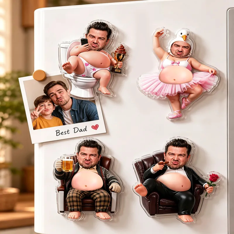 Custom Face Dad Squishy Belly Anti-collision Acrylic Sticker – Personalized Photo Fridge Magnet with Soft Squeeze Belly Gift for Dad-Pooping Champion