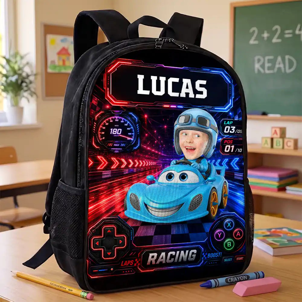 Custom Photo Kid Car Racing - Personalized Kids Backpack