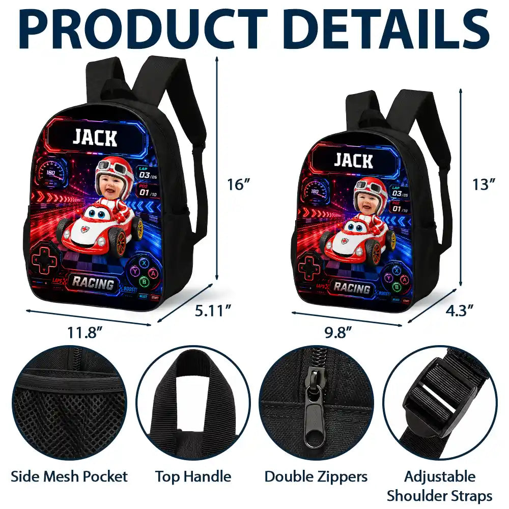 Custom Photo Kid Car Racing - Personalized Kids Backpack