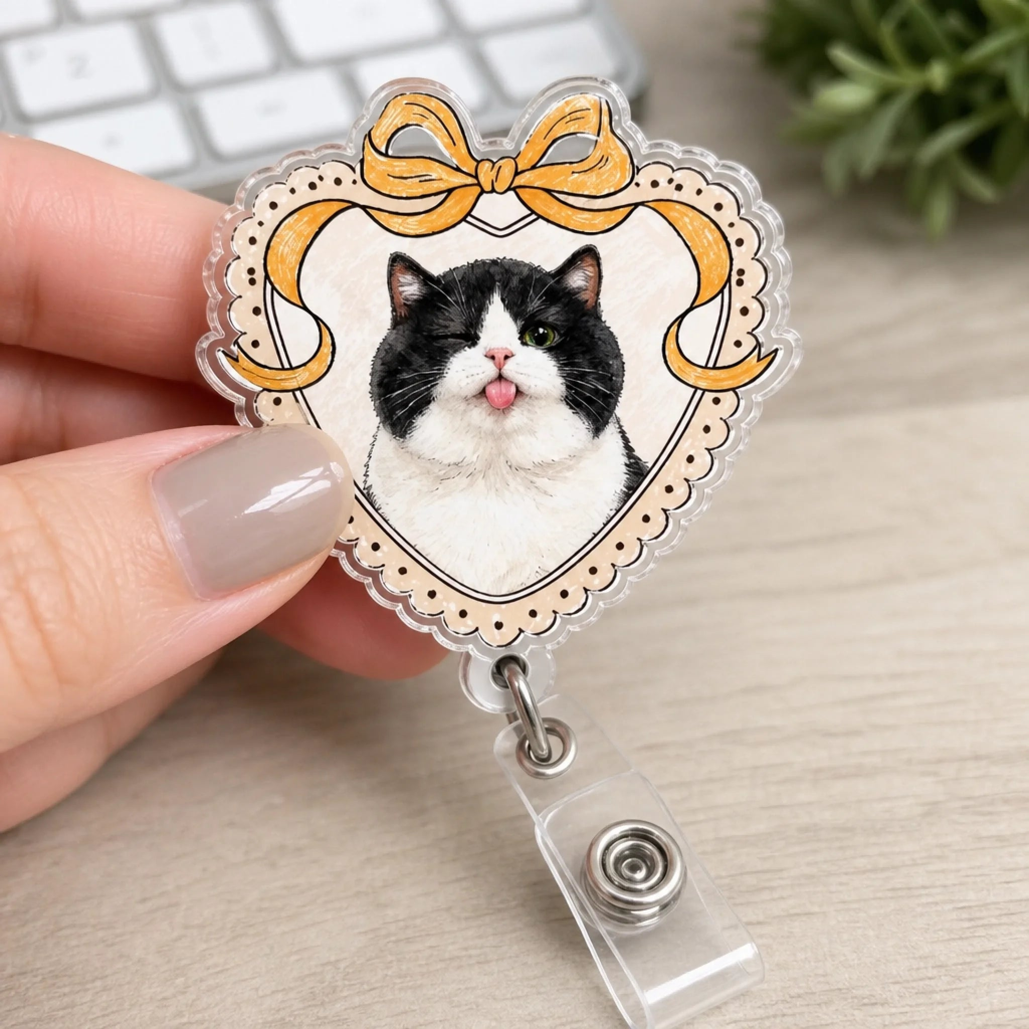 Custom Photo Acrylic Badge Reel - Personalized Birthday Gifts For Dog Cat Lovers, Dog Dad And Mom, Cat Owners - Proud Pet Mom At Work