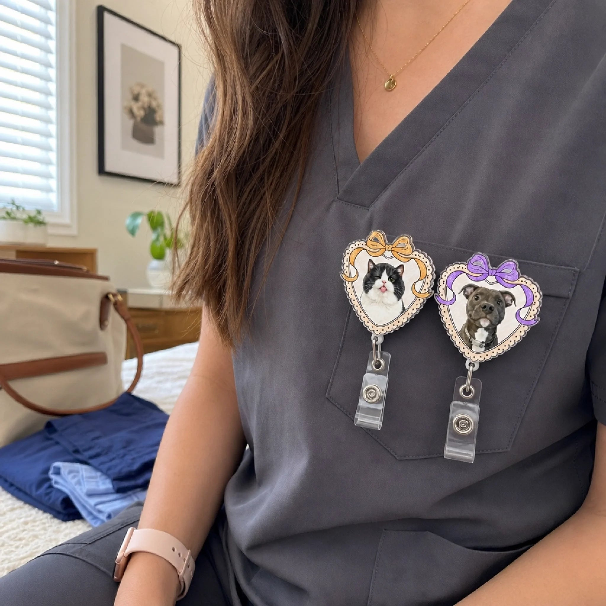 Custom Photo Acrylic Badge Reel - Personalized Birthday Gifts For Dog Cat Lovers, Dog Dad And Mom, Cat Owners - Proud Pet Mom At Work