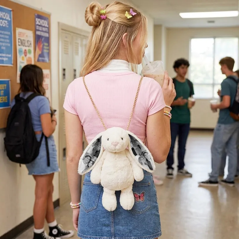 Custom Photo Bunny Convertible Bag - Versatile Plush Rabbit Backpack & Crossbody purse with Personalized Ear Prints, Unique Gift for Her, Kids & Pet Lovers