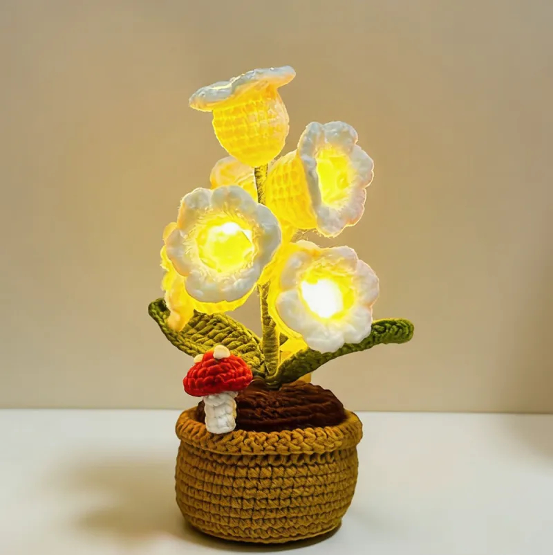LED Light Crocheted Lily of the Valley - Glowing Potted Knit Flower Home Ambiance Decor