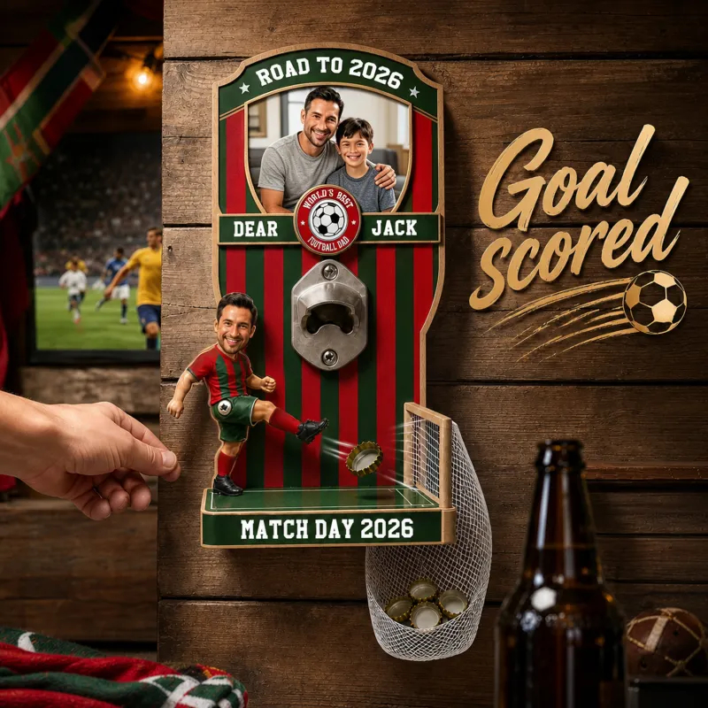Custom Soccer Beer Opener Wall Decor – Funny Football Goal Bottle Cap Game with Custom Face, Photo & Team Colors Father’s Day Gift