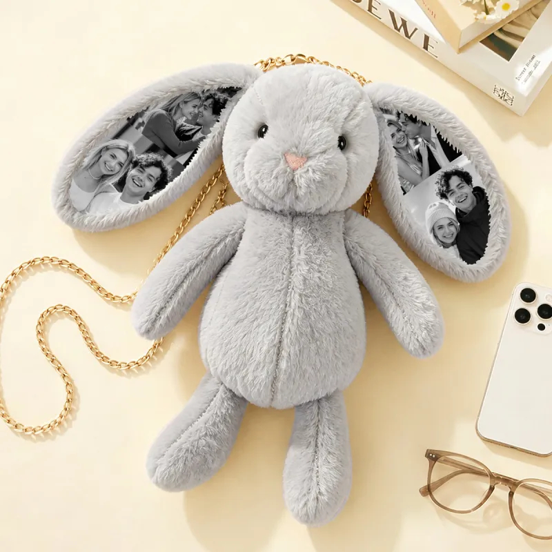 Custom Photo Bunny Convertible Bag - Versatile Plush Rabbit Backpack & Crossbody purse with Personalized Ear Prints, Unique Gift for Her, Kids & Pet Lovers