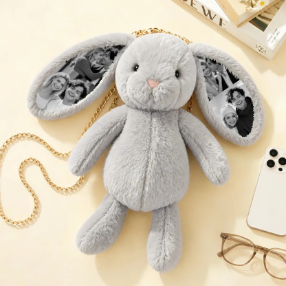 Custom Photo Bunny Convertible Bag - Versatile Plush Rabbit Backpack & Crossbody purse with Personalized Ear Prints, Unique Gift for Her, Kids & Pet Lovers