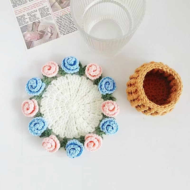 Handmade Crochet Rose Bouquet Coaster Set Transformable Floral Coaster & Home Decor Unique Eco-Friendly Gift