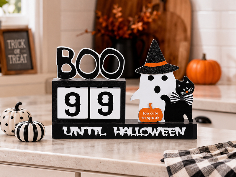 Wood Halloween Countdown Calendar Halloween Decor, Two Movable Numeral Blocks for Counting 99 Days to Halloween, Ghost Ornaments Boo Sign Halloween Room Decor