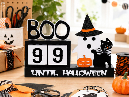 Wood Halloween Countdown Calendar Halloween Decor, Two Movable Numeral Blocks for Counting 99 Days to Halloween, Ghost Ornaments Boo Sign Halloween Room Decor