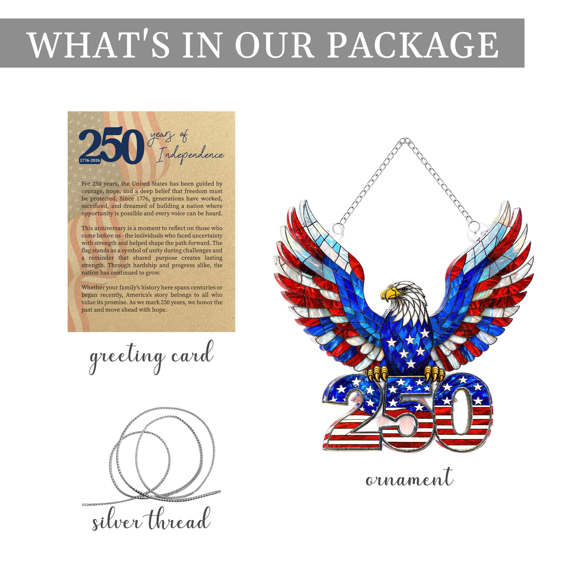 Eagle 250 Anniversary USA Ornament, 2D Acrylic America 250 Merchandise, Fourth of July Decorations, Patriotic Decor, USA 250th Anniversary 4th of July Gifts, America 250th Birthday Gifts
