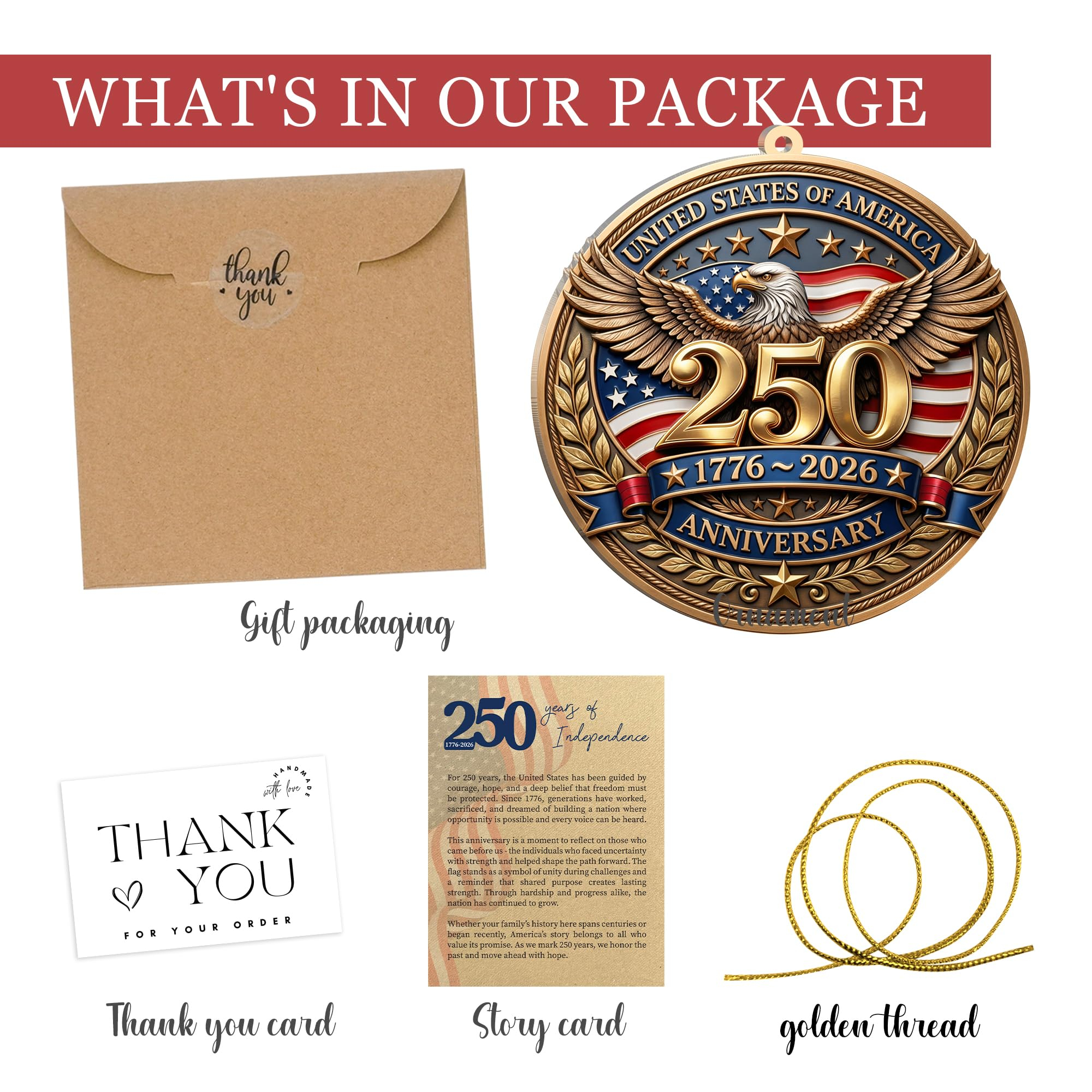 250 Anniversary USA Ornament, 2D Acrylic America 250 Merchandise, Fourth of July Decorations, Patriotic Decor, USA 250th Anniversary 4th of July Gifts, America 250th Birthday Gifts - Eagle 250