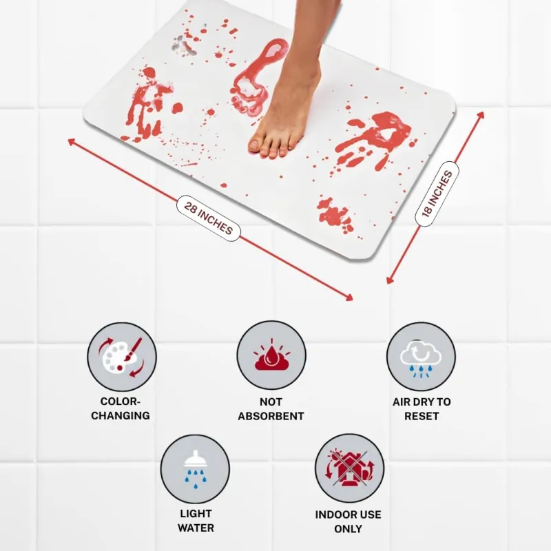 Bloody Bath Mat – Red Footprints Appear When Wet & Disappear as It Dries – Non-Slip & Non-Absorbent Prank Rug for Halloween, Parties