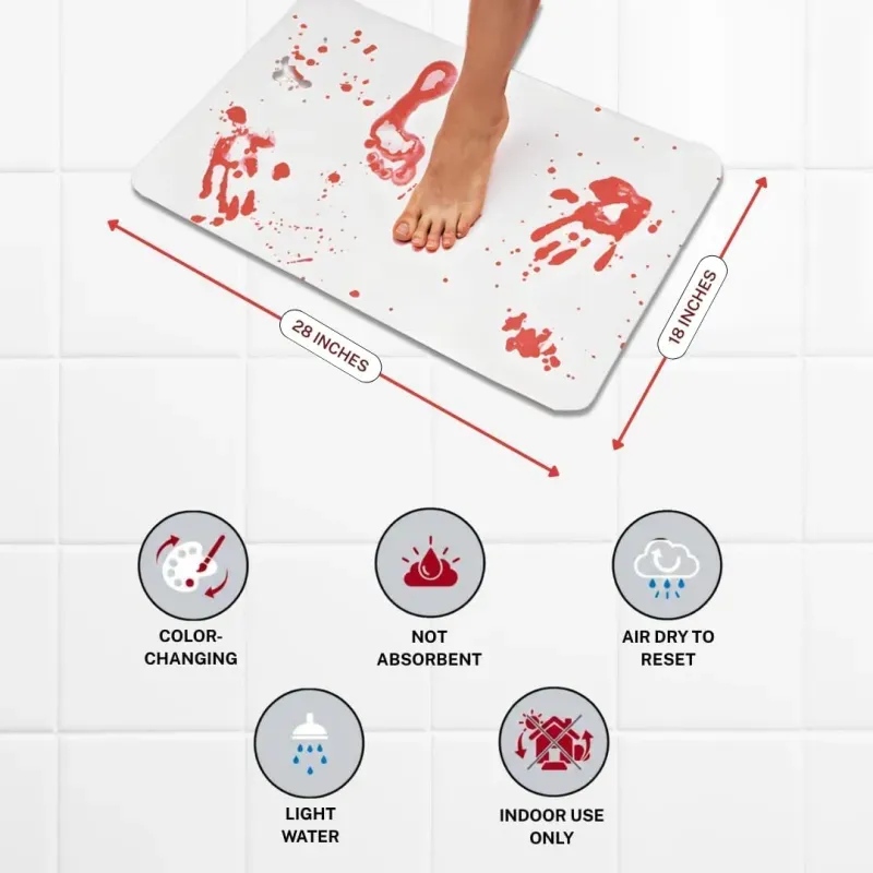 Bloody Bath Mat – Red Footprints Appear When Wet & Disappear as It Dries – Non-Slip & Non-Absorbent Prank Rug for Halloween, Parties