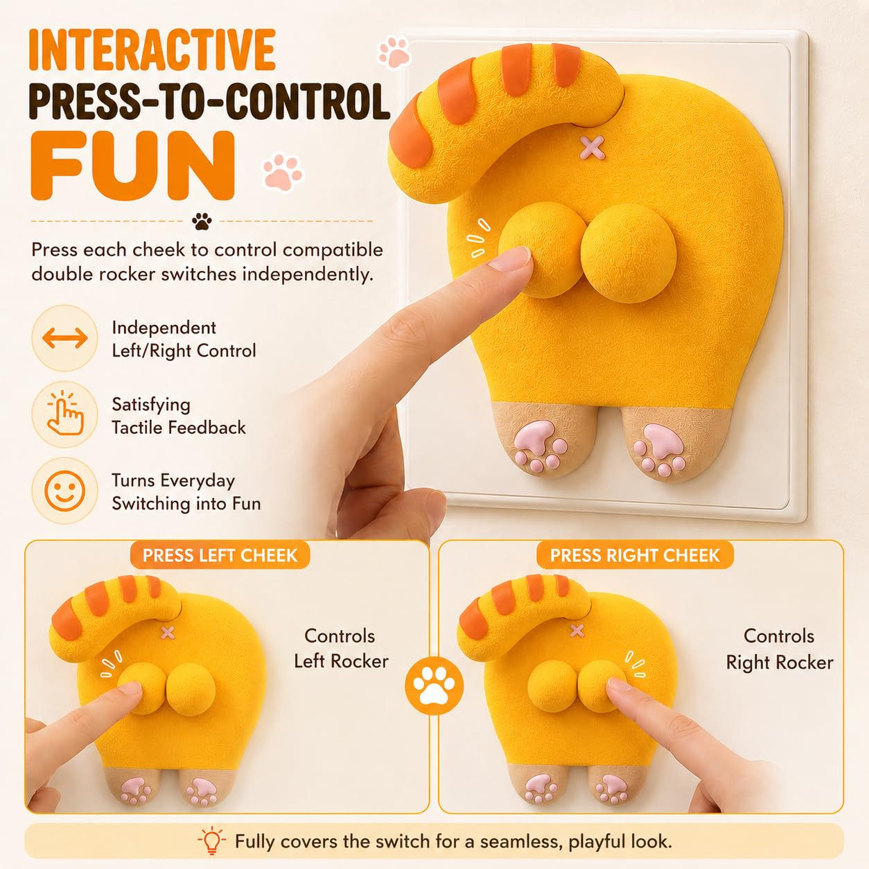 Cute Cat Butt Light Switch Cover, 3D Funny Giant Ball Cat Switch Decor, Kawaii Cartoon Cat Paw Wall Switch Sticker, Creative Bedroom Home Decor, Novelty Gift