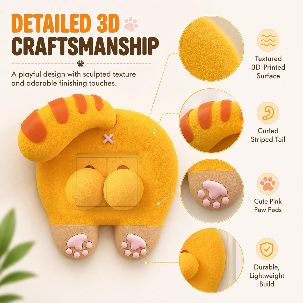 Cute Cat Butt Light Switch Cover, 3D Funny Giant Ball Cat Switch Decor, Kawaii Cartoon Cat Paw Wall Switch Sticker, Creative Bedroom Home Decor, Novelty Gift