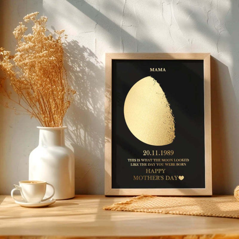 Custom Gold Foil Print Moon Phase and Names Wooden Frame with Your Text Custom Mother's Day Art Frame Best Gift for Mom