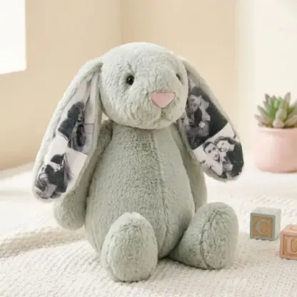Custom Photo Bunny Plush Personalized Hidden Ear Picture Bunny Gift for Couples Anniversary Gift For Her