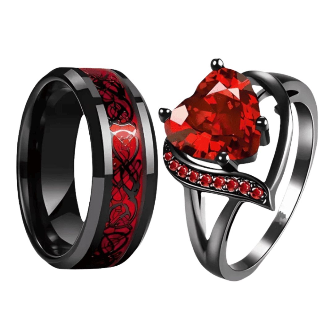Gothic Black Plated Couple Ring Set Big Heart Red Zircon Women Ring Red Dragon Pattern Tungsten Men Band Lover Matching Jewelry