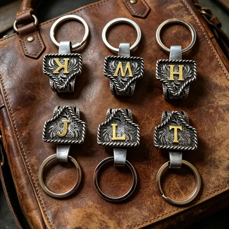 Vintage Metal Cow Tag Keychain Handmade Cowboy Western Initial Key Holder
