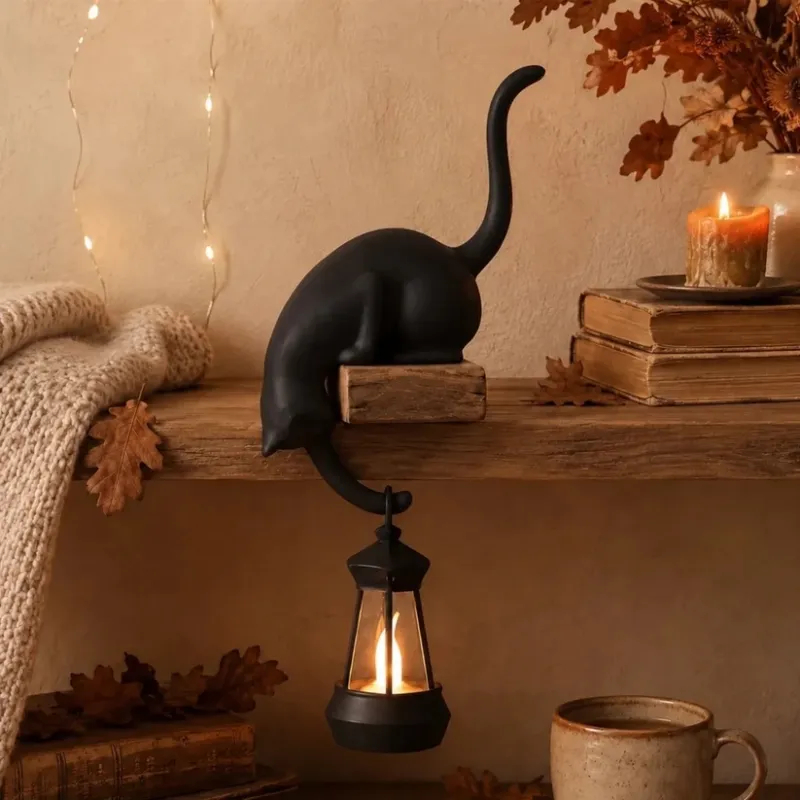 Cat Shelf Hook with Lantern, Cute Cat Figurine Key Holder, Cozy Night Light Decor, Cat Lover Gift, Home Shelf Ornament