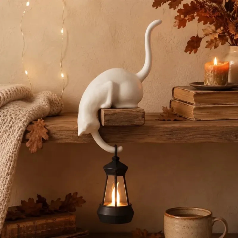 Cat Shelf Hook with Lantern, Cute Cat Figurine Key Holder, Cozy Night Light Decor, Cat Lover Gift, Home Shelf Ornament