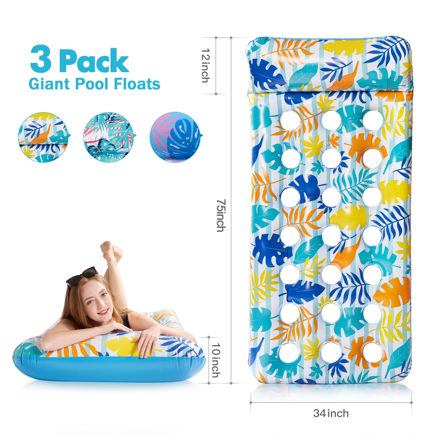 Inflatable Pool Float Mat, Giant Pool Floats Adult Size with Headrest, Lake Float Raft Water Lounger, Multi-Purpose Swimming Pool Floats for Pool Party, Summertime Beach, Outdoor