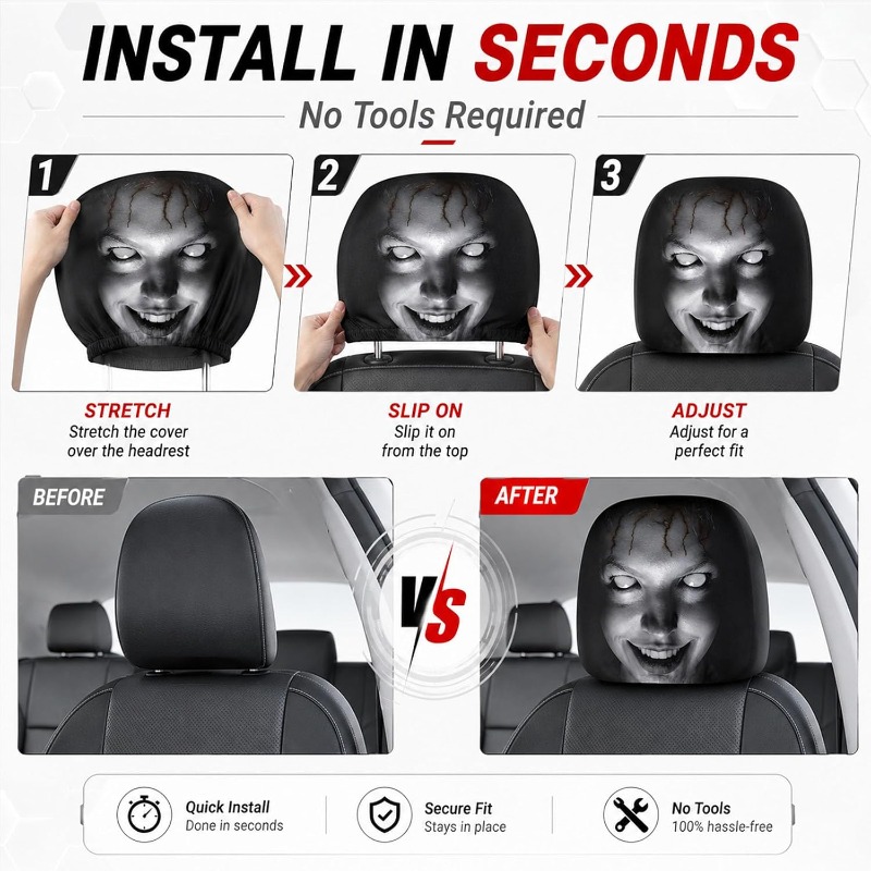 Ghost Face Headrest Covers, Scary Face Printing Auto Seat Universal Elastic Models Headrest Protector