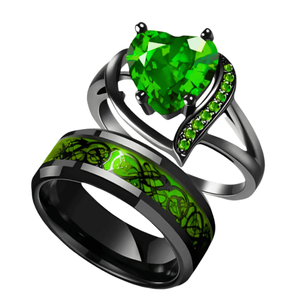 Gothic Black Plated Couple Ring Set Big Heart Red Zircon Women Ring Red Dragon Pattern Tungsten Men Band Lover Matching Jewelry