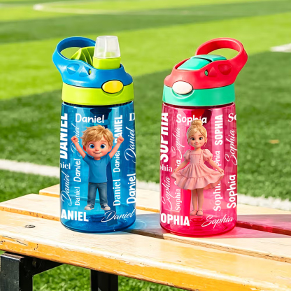 Personalized Cartoon Character BPA-Free 16 oz Transparent Water Bottle with Straw and Name Back to School Gift for Kids