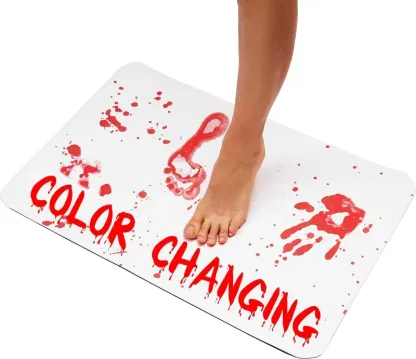 Bloody Bath Mat – Red Footprints Appear When Wet & Disappear as It Dries – Non-Slip & Non-Absorbent Prank Rug for Halloween, Parties