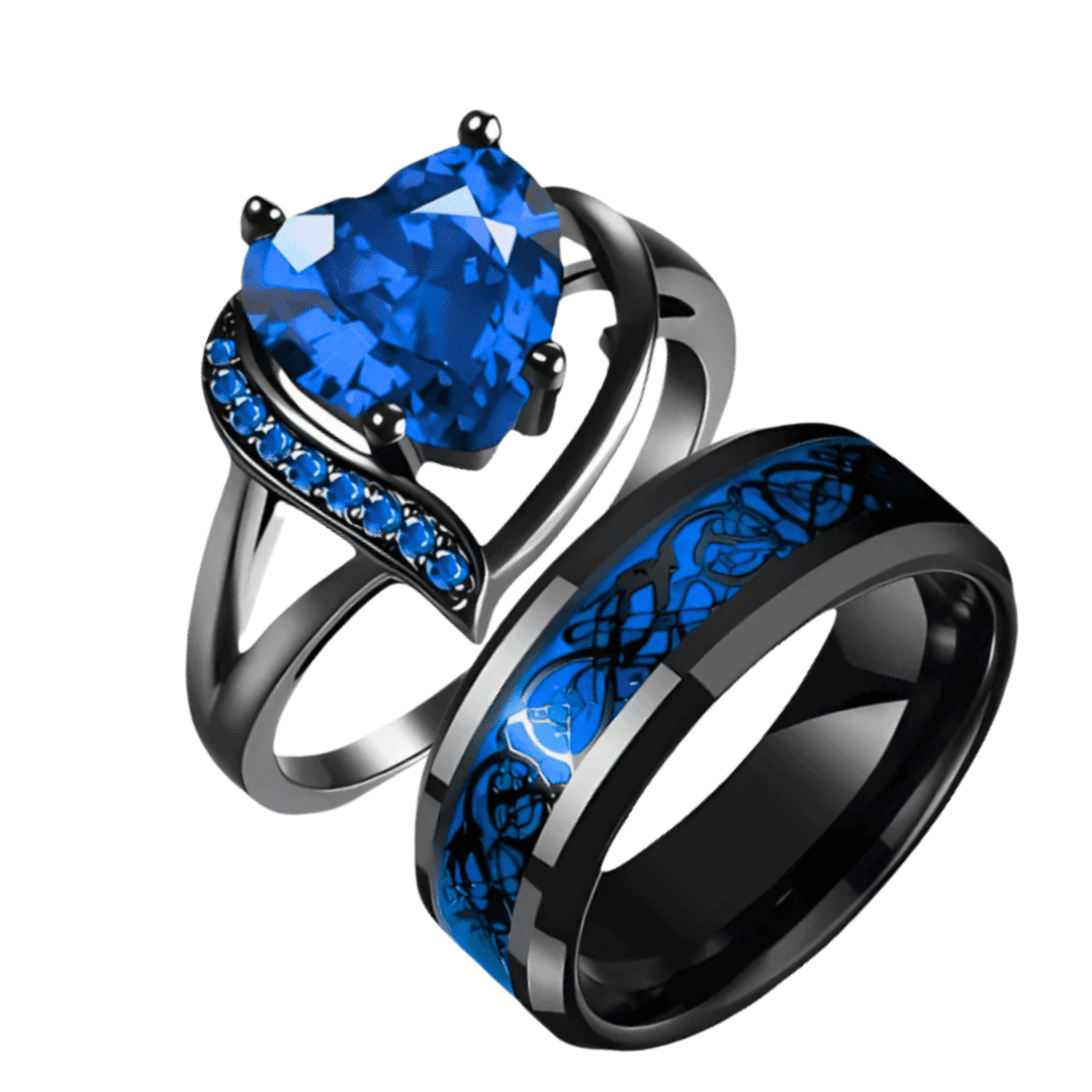Gothic Black Plated Couple Ring Set Big Heart Red Zircon Women Ring Red Dragon Pattern Tungsten Men Band Lover Matching Jewelry