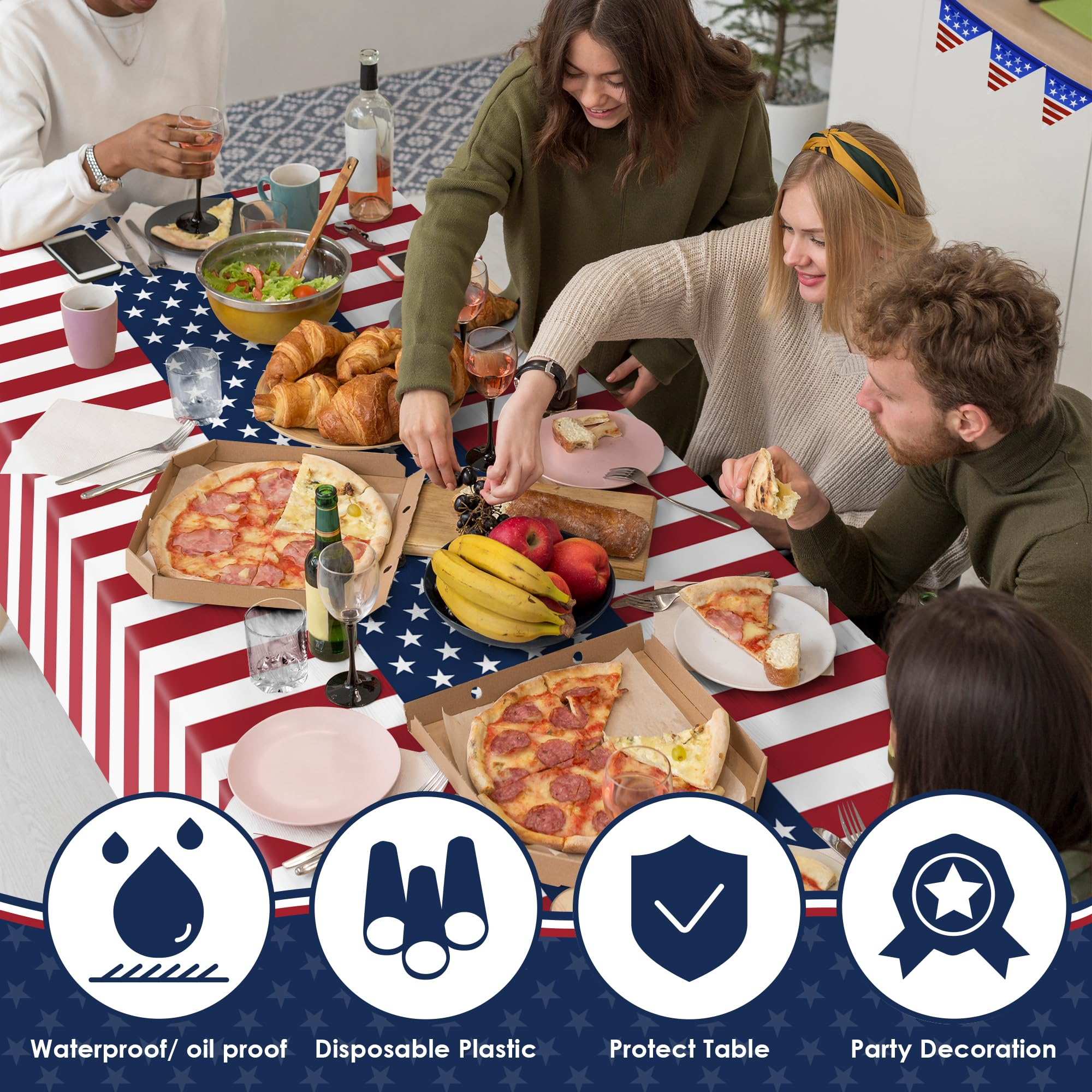4th of July Decorations - Patriotic American Flag Plastic Tablecloth for 250th Anniversary | Fourth of July Accessories Memorial Day Decor for Home Outdoor Outside Party Favors