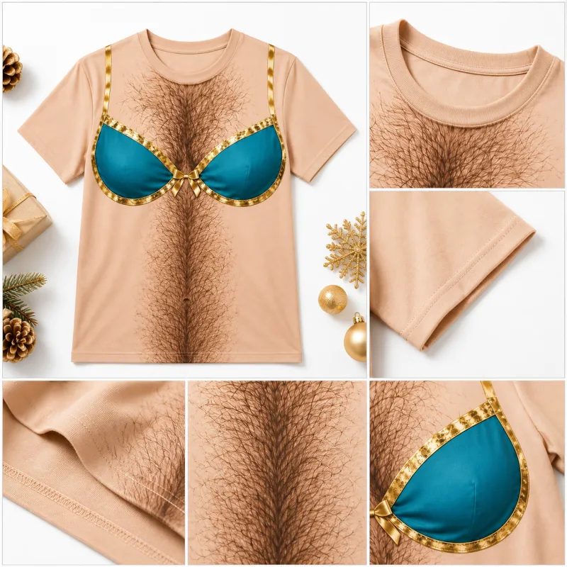 Funny Fake Chest Hair T-Shirt for Men – Novelty Bra Print Graphic Tee, Hilarious Prank Shirt for Parties, Costumes & Gag Gifts