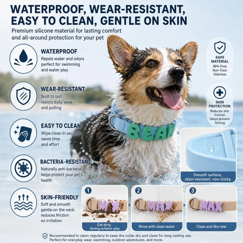 Personalized Waterproof Silicone Pet Collar Replaceable Letter Charms Pet Collar & Leash Set Easy to Clean Outdoor Pet Supplies