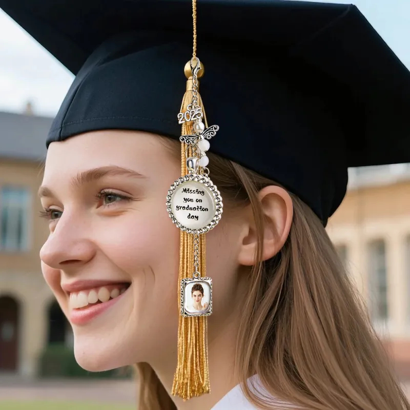 Custom Graduation Cap Tassel Memorial Photo Charm Rhinestone Personalize Missing You Pendant Silver Memory Picture Frame