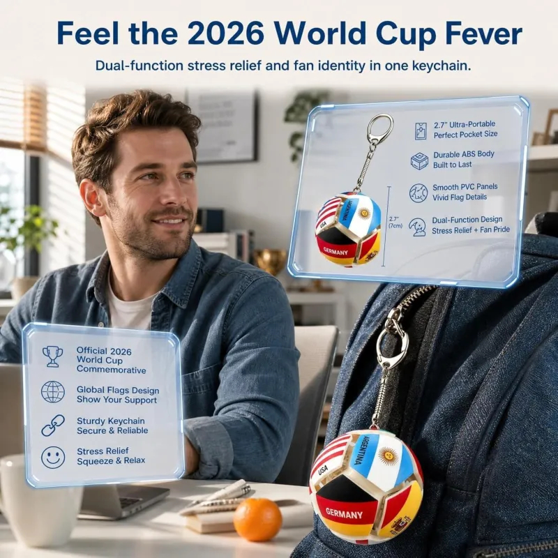 2026 Soccer Flag Soccer Fidget Ball Keychain, 12-Sided Mechanical Clicking Sensory Stress Ball for Adults, Squeeze Stress Relief Balls, Football Key Chain for Keys & Backpack(12 Nation)