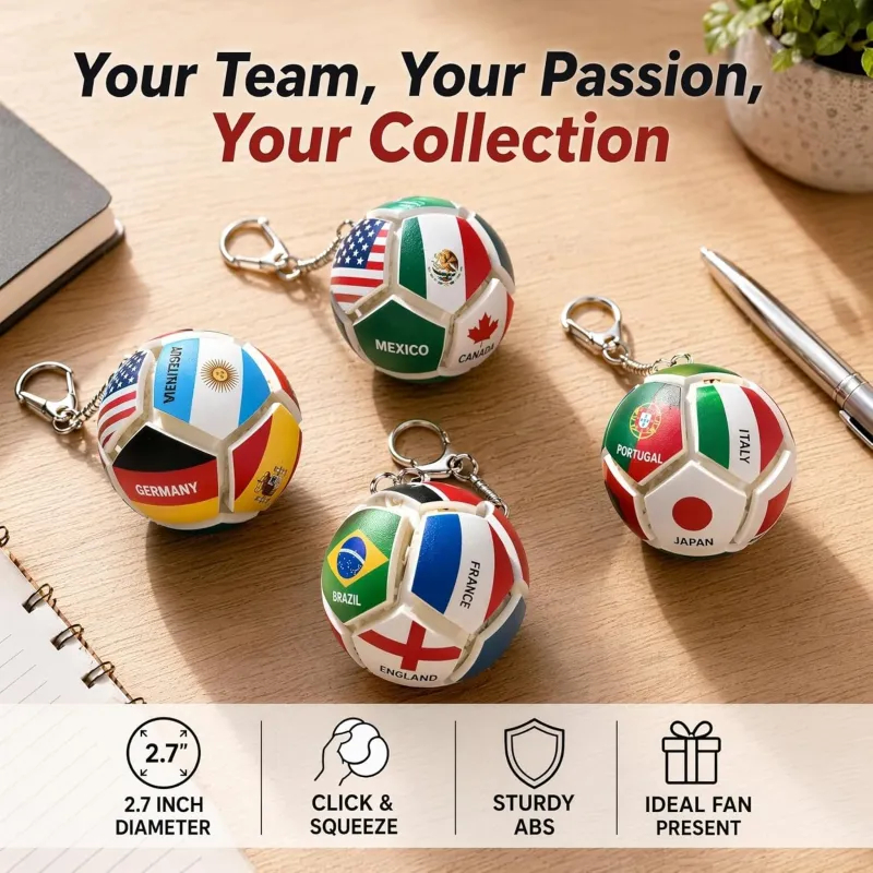2026 Soccer Flag Soccer Fidget Ball Keychain, 12-Sided Mechanical Clicking Sensory Stress Ball for Adults, Squeeze Stress Relief Balls, Football Key Chain for Keys & Backpack(12 Nation)