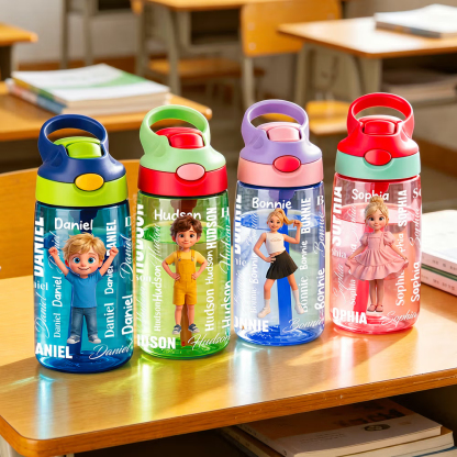 Personalized Cartoon Character BPA-Free 16 oz Transparent Water Bottle with Straw and Name Back to School Gift for Kids