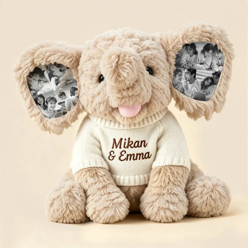 Custom Photo Elephant Plush – Personalized Ear Picture Elephant Gift for Couples Anniversary Gifts