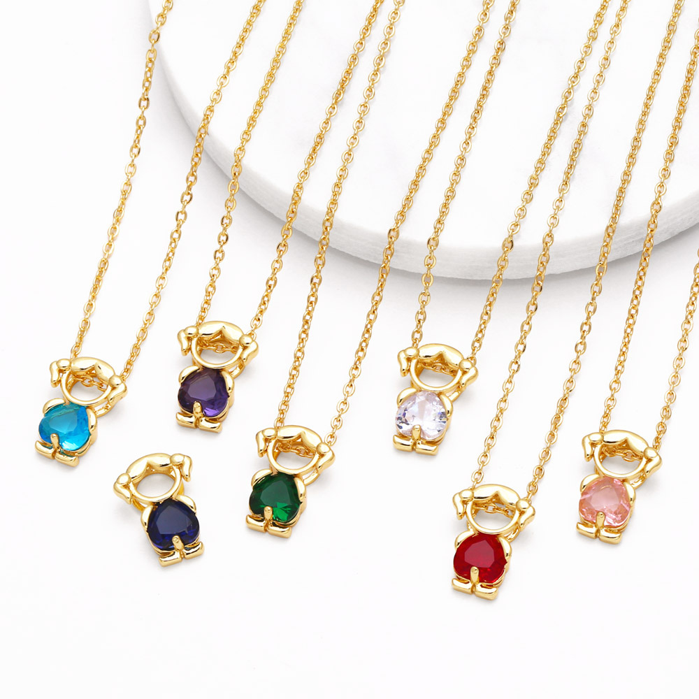 Mother Children Gemstone Pendant 18k Gold Plated Necklace, Stainless Steel Boy Girl Charm Necklace, Mom Child Family Jewelry Gift for Mother's Day