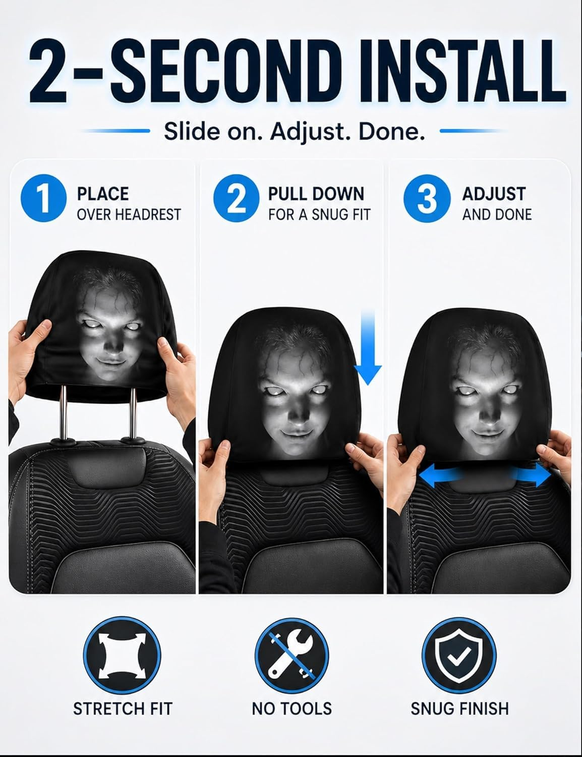 Ghost Face Headrest Covers, Scary Face Printing Auto Seat Universal Elastic Models Headrest Protector